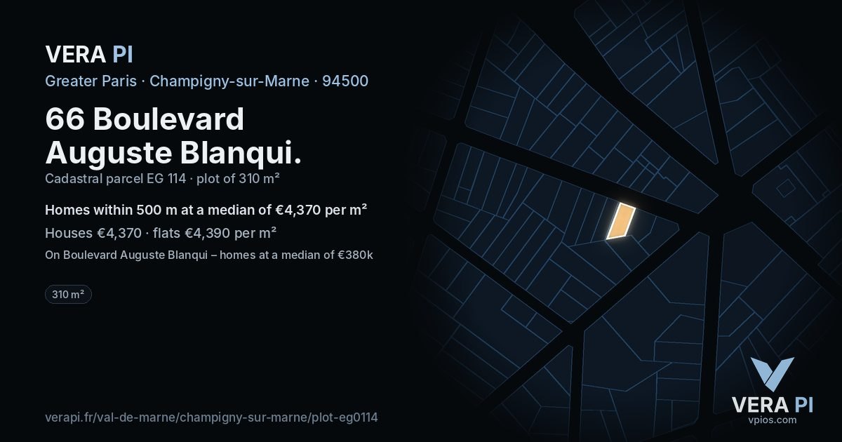 66 Boulevard Auguste Blanqui, Champigny-sur-Marne at night – the plot lit, the parcels around coloured by the prices near them