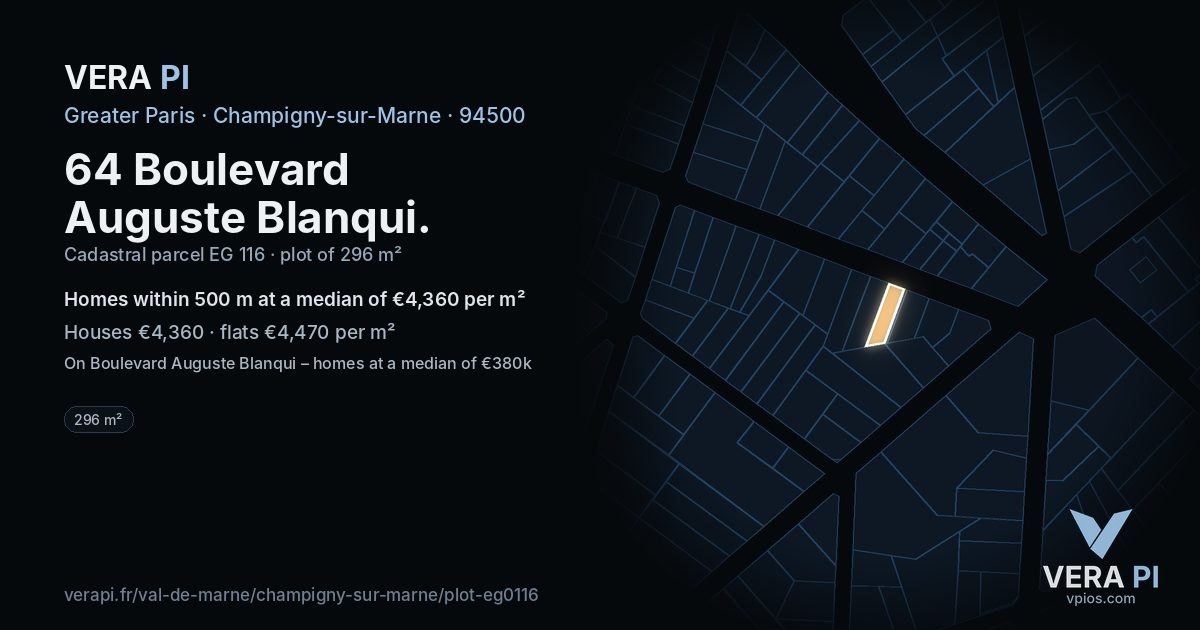 64 Boulevard Auguste Blanqui, Champigny-sur-Marne at night – the plot lit, the parcels around coloured by the prices near them