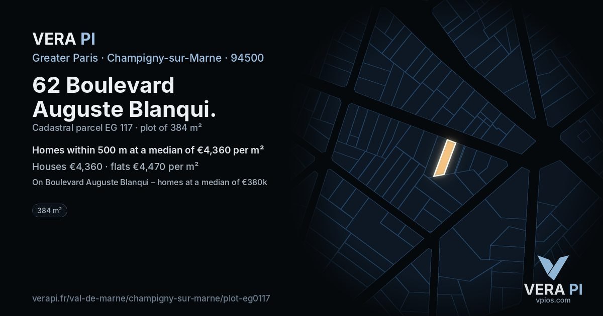 62 Boulevard Auguste Blanqui, Champigny-sur-Marne at night – the plot lit, the parcels around coloured by the prices near them