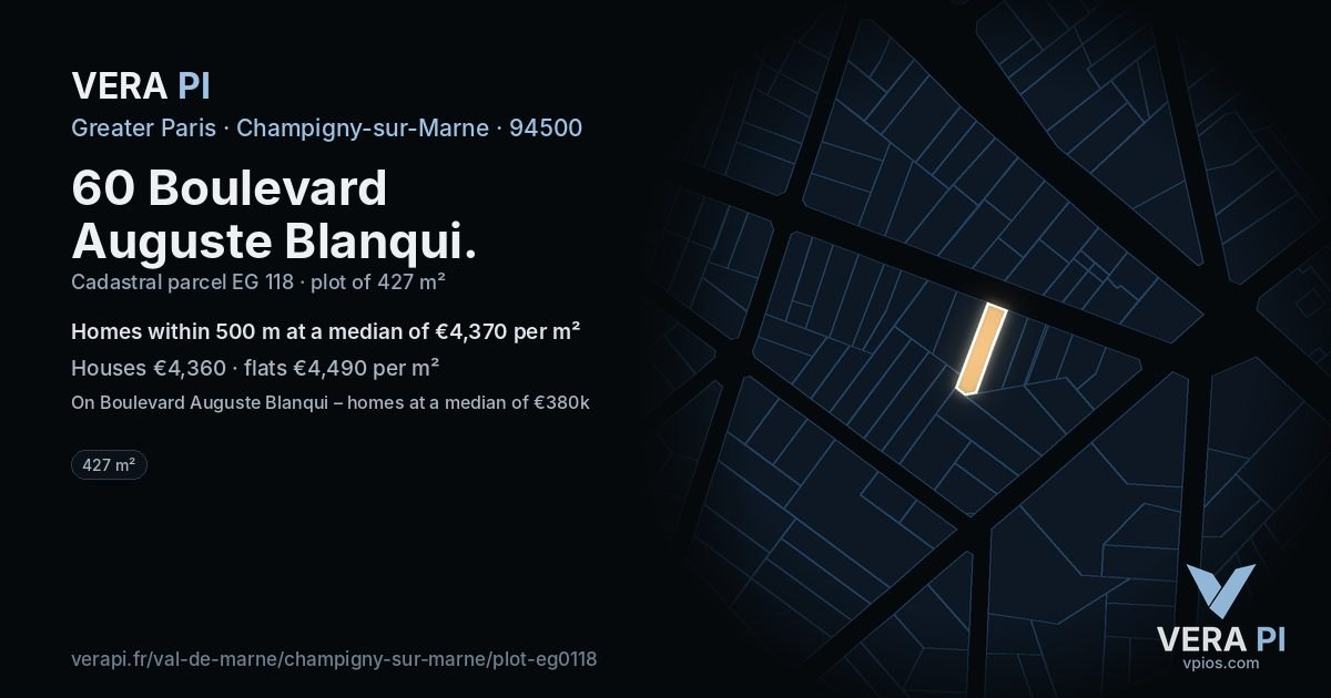 60 Boulevard Auguste Blanqui, Champigny-sur-Marne at night – the plot lit, the parcels around coloured by the prices near them