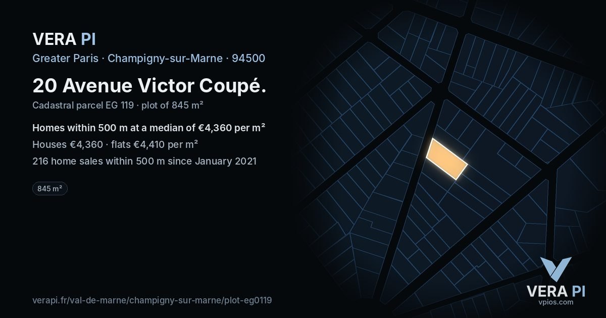 20 Avenue Victor Coupé, Champigny-sur-Marne at night – the plot lit, the parcels around coloured by the prices near them