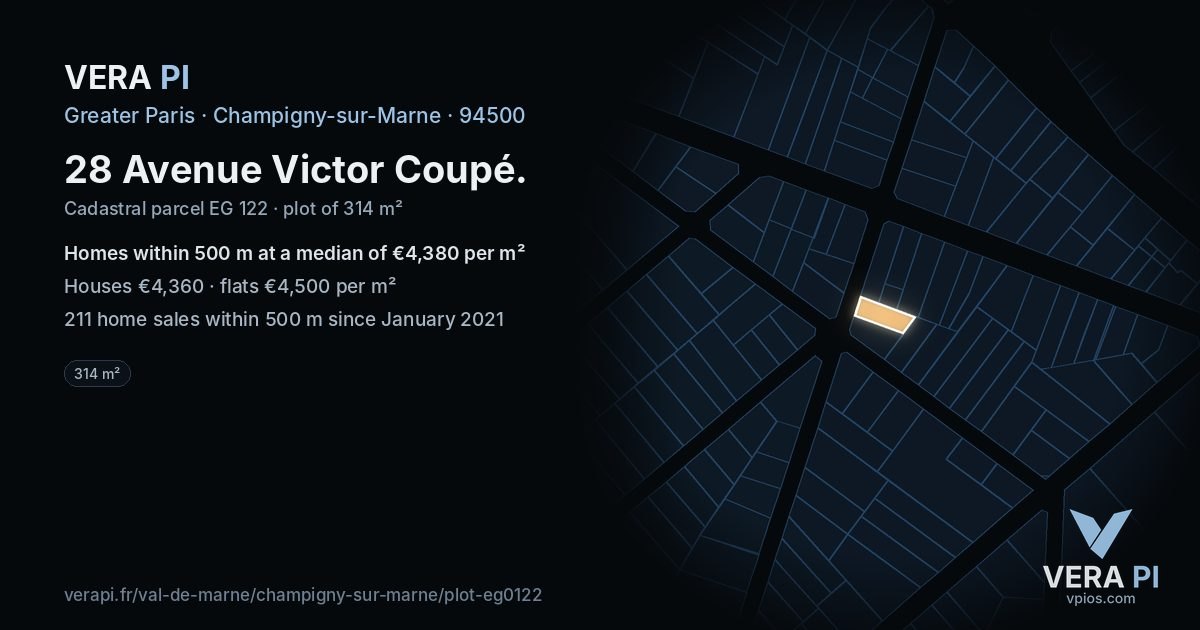 28 Avenue Victor Coupé, Champigny-sur-Marne at night – the plot lit, the parcels around coloured by the prices near them