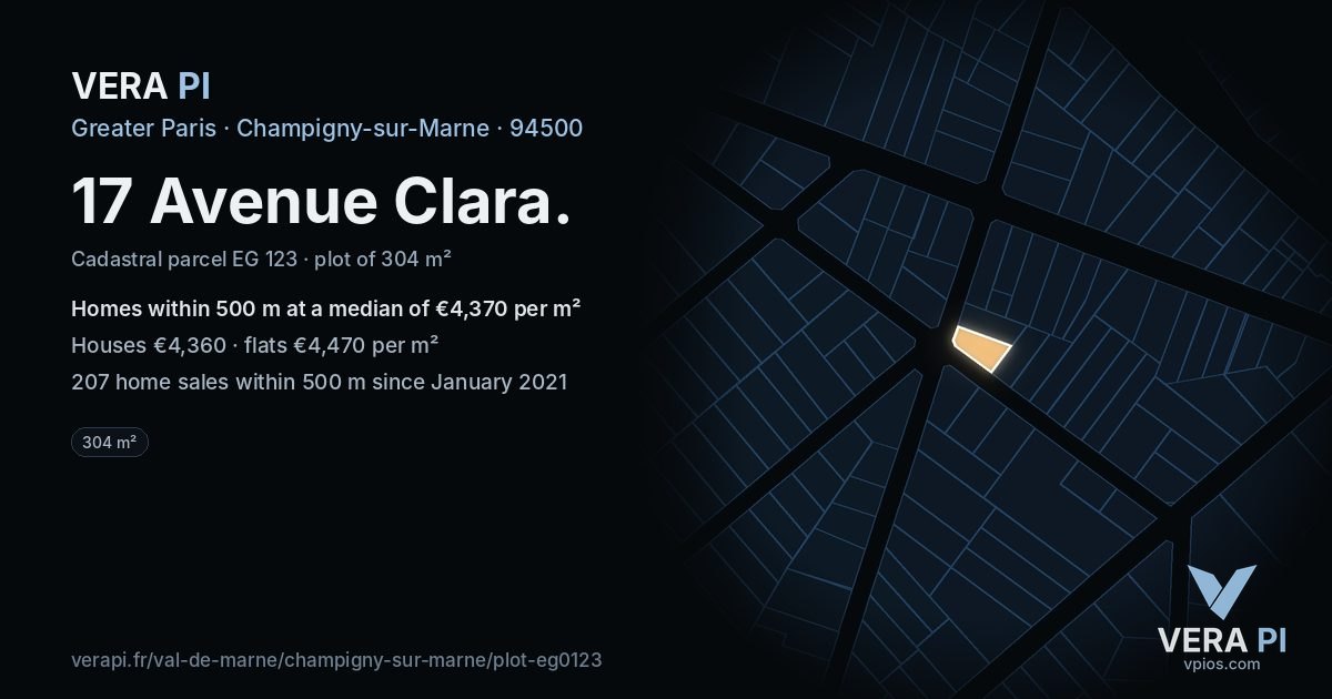 17 Avenue Clara, Champigny-sur-Marne at night – the plot lit, the parcels around coloured by the prices near them