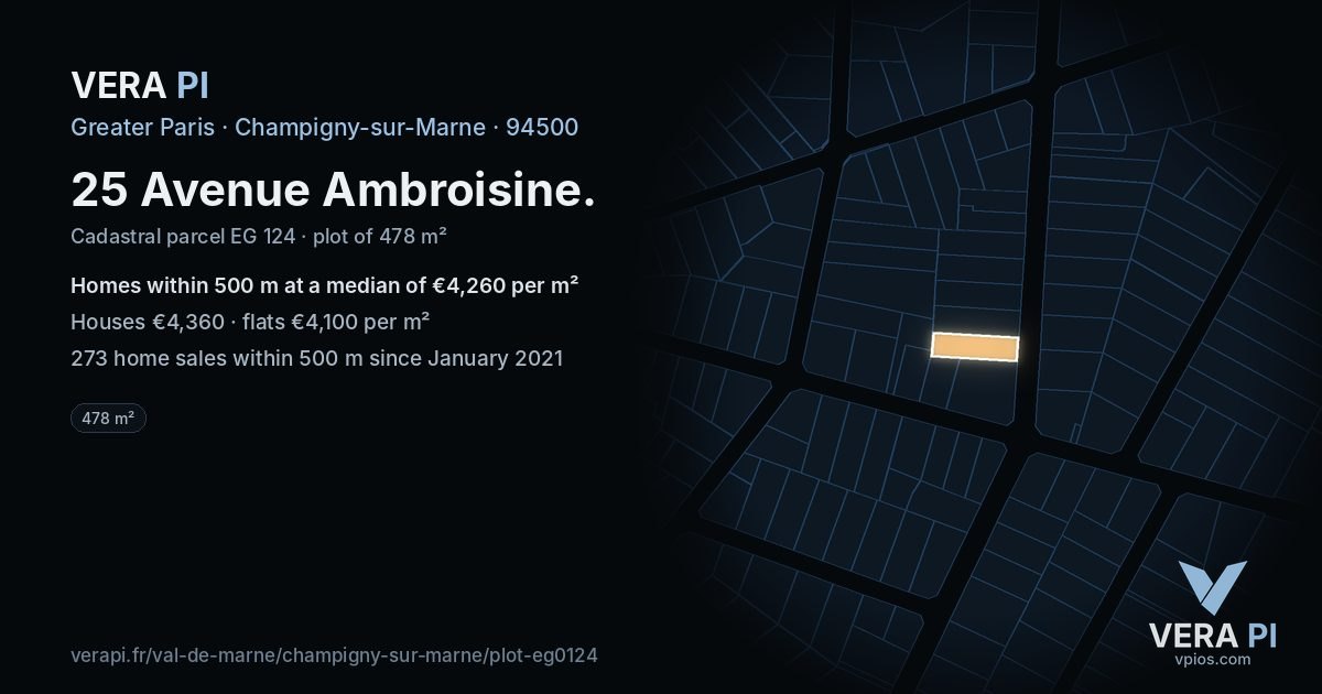 25 Avenue Ambroisine, Champigny-sur-Marne at night – the plot lit, the parcels around coloured by the prices near them