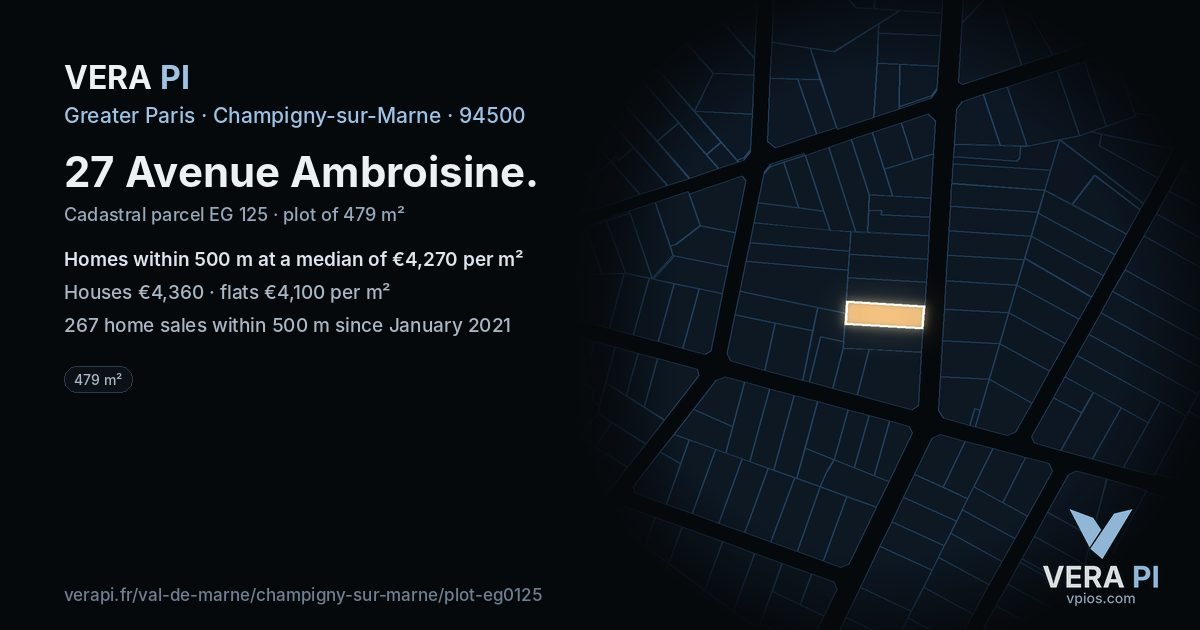 27 Avenue Ambroisine, Champigny-sur-Marne at night – the plot lit, the parcels around coloured by the prices near them