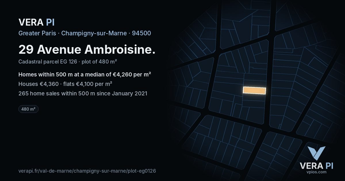 29 Avenue Ambroisine, Champigny-sur-Marne at night – the plot lit, the parcels around coloured by the prices near them