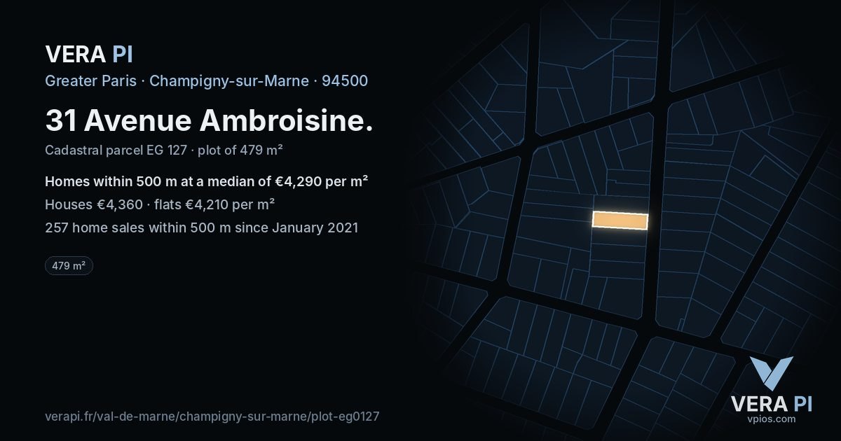31 Avenue Ambroisine, Champigny-sur-Marne at night – the plot lit, the parcels around coloured by the prices near them