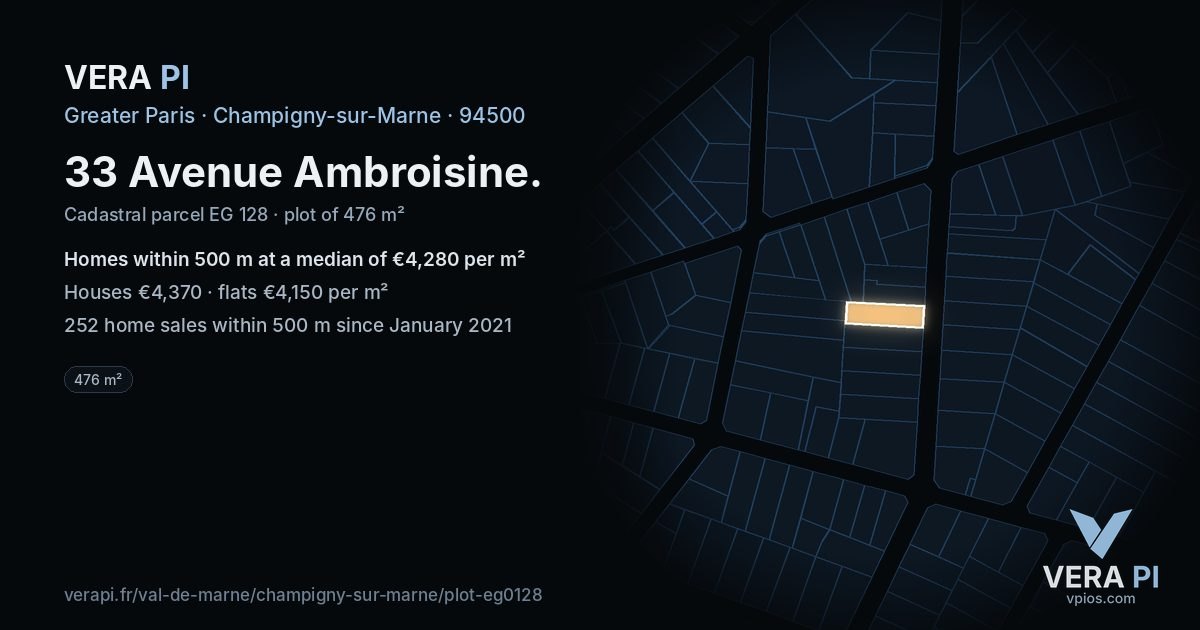 33 Avenue Ambroisine, Champigny-sur-Marne at night – the plot lit, the parcels around coloured by the prices near them