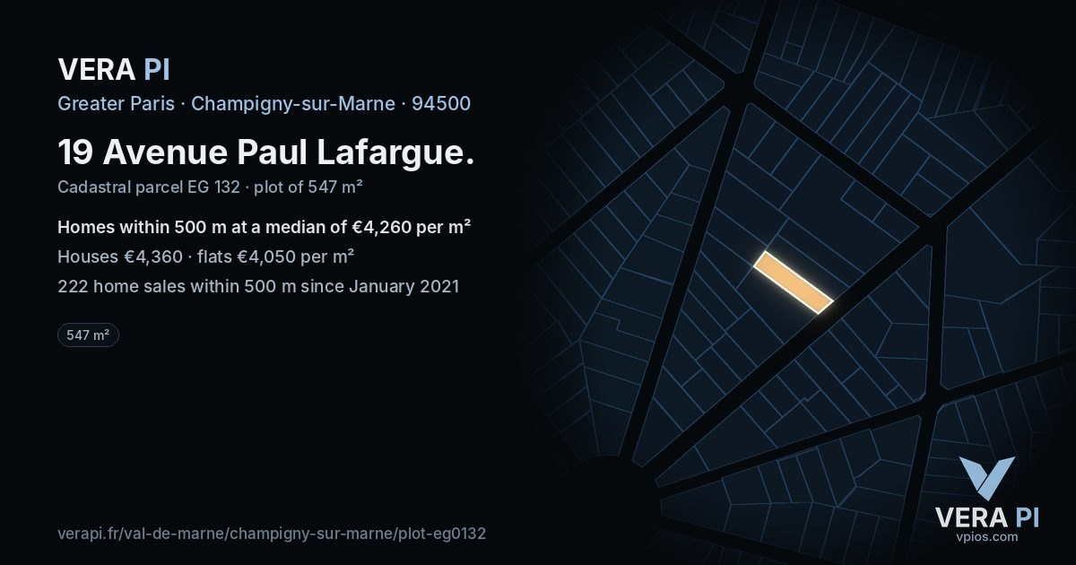 19 Avenue Paul Lafargue, Champigny-sur-Marne at night – the plot lit, the parcels around coloured by the prices near them