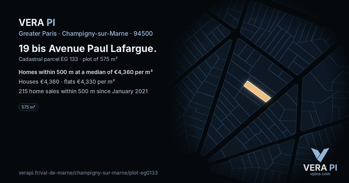 19 bis Avenue Paul Lafargue, Champigny-sur-Marne at night – the plot lit, the parcels around coloured by the prices near them