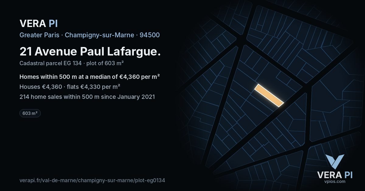 21 Avenue Paul Lafargue, Champigny-sur-Marne at night – the plot lit, the parcels around coloured by the prices near them