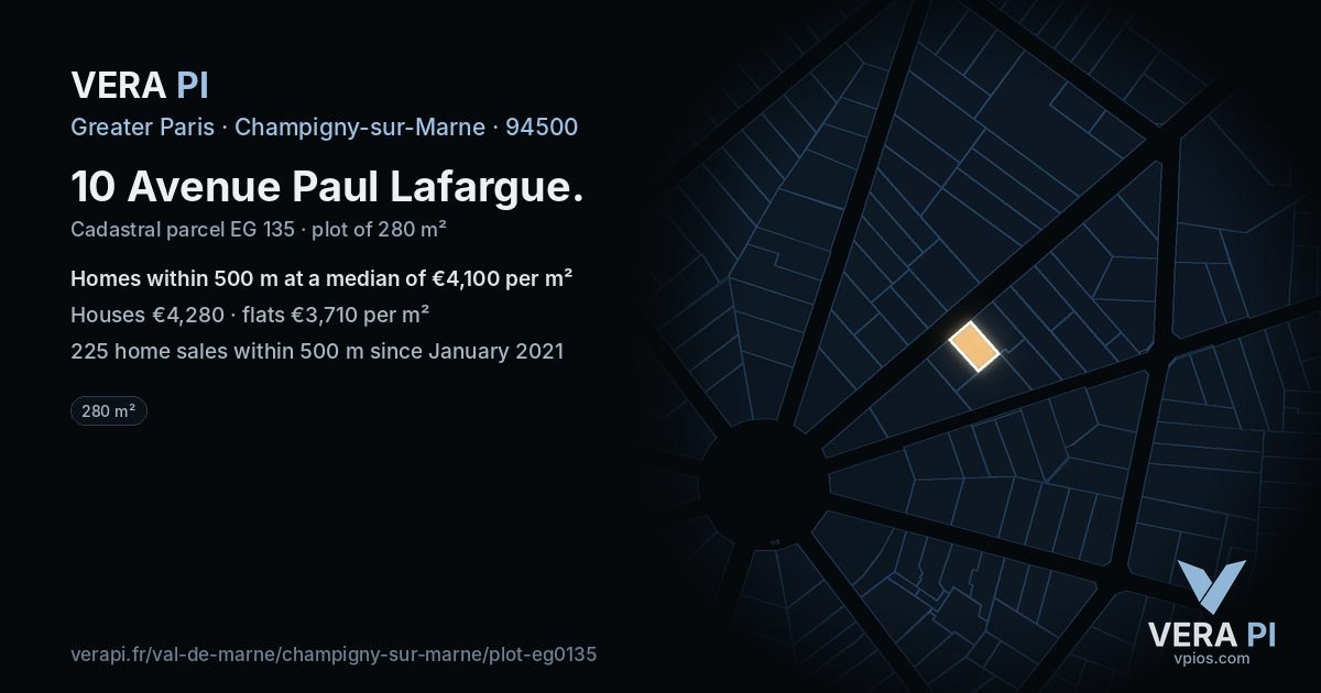 10 Avenue Paul Lafargue, Champigny-sur-Marne at night – the plot lit, the parcels around coloured by the prices near them