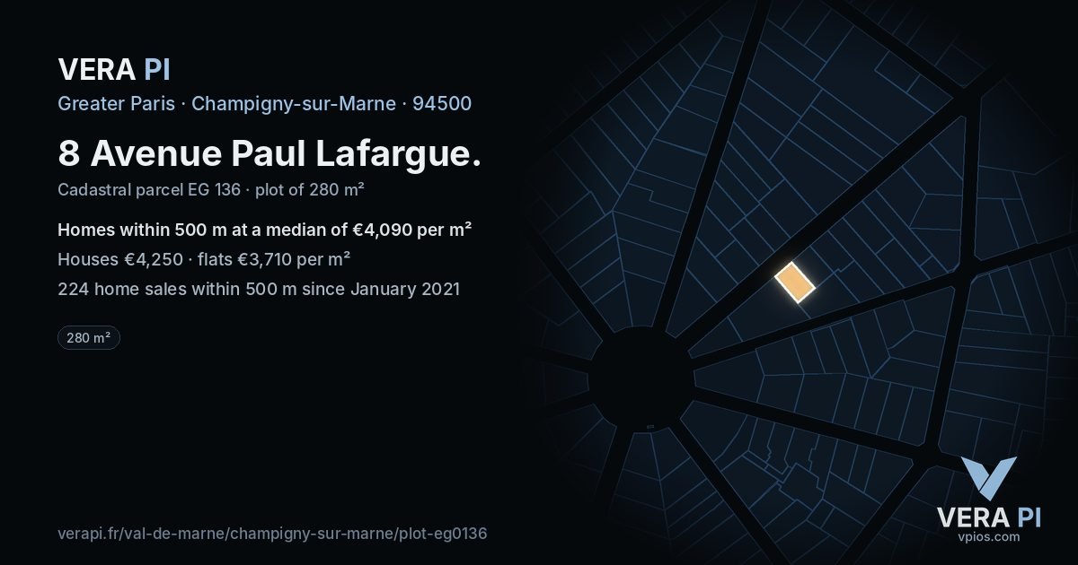 8 Avenue Paul Lafargue, Champigny-sur-Marne at night – the plot lit, the parcels around coloured by the prices near them