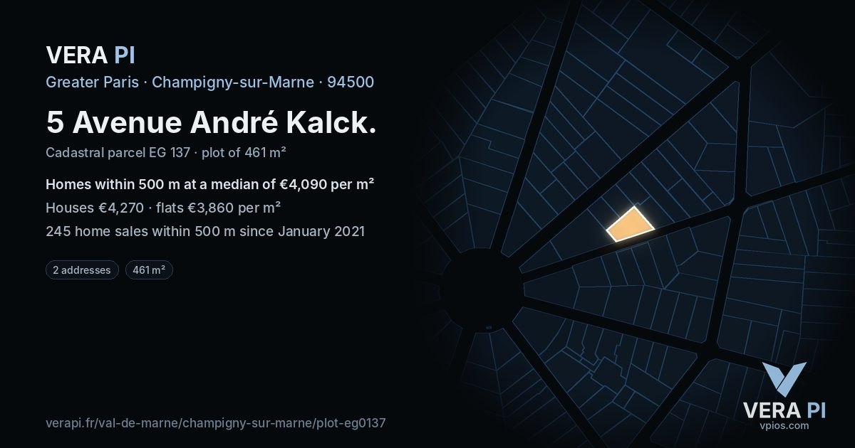 5 Avenue André Kalck, Champigny-sur-Marne at night – the plot lit, the parcels around coloured by the prices near them