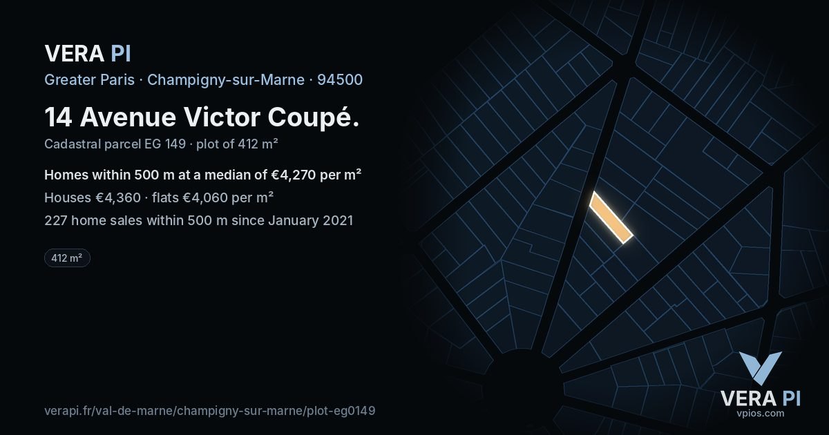 14 Avenue Victor Coupé, Champigny-sur-Marne at night – the plot lit, the parcels around coloured by the prices near them