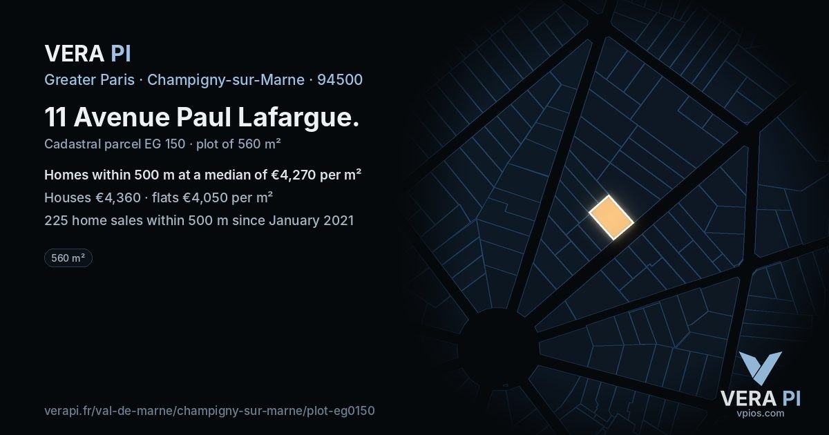11 Avenue Paul Lafargue, Champigny-sur-Marne at night – the plot lit, the parcels around coloured by the prices near them