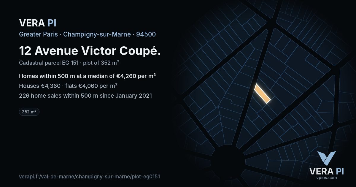 12 Avenue Victor Coupé, Champigny-sur-Marne at night – the plot lit, the parcels around coloured by the prices near them