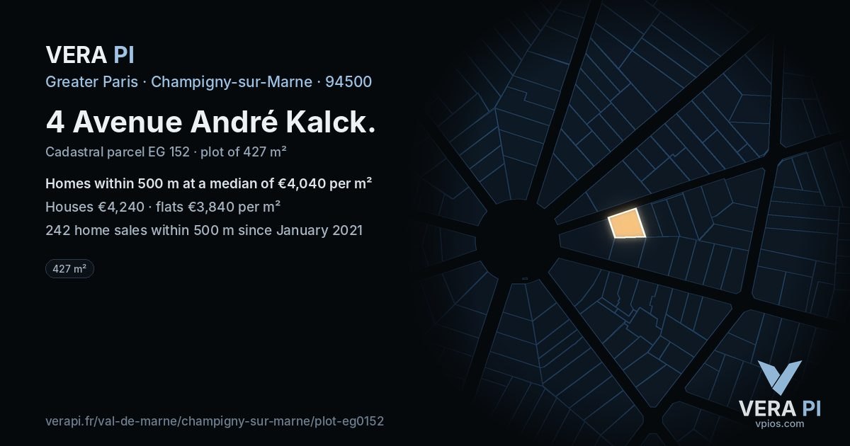 4 Avenue André Kalck, Champigny-sur-Marne at night – the plot lit, the parcels around coloured by the prices near them