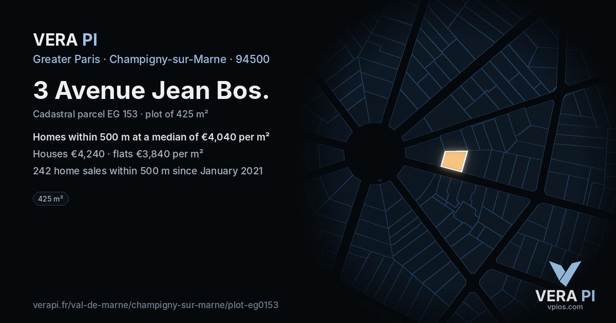 3 Avenue Jean Bos, Champigny-sur-Marne at night – the plot lit, the parcels around coloured by the prices near them