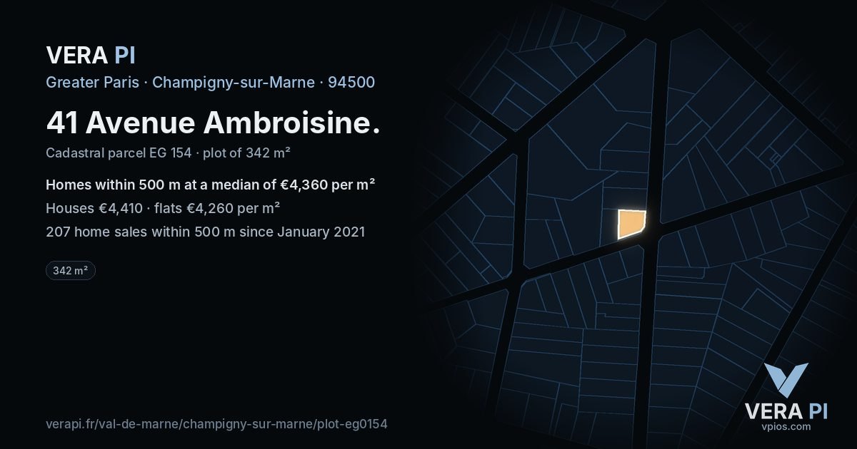 41 Avenue Ambroisine, Champigny-sur-Marne at night – the plot lit, the parcels around coloured by the prices near them