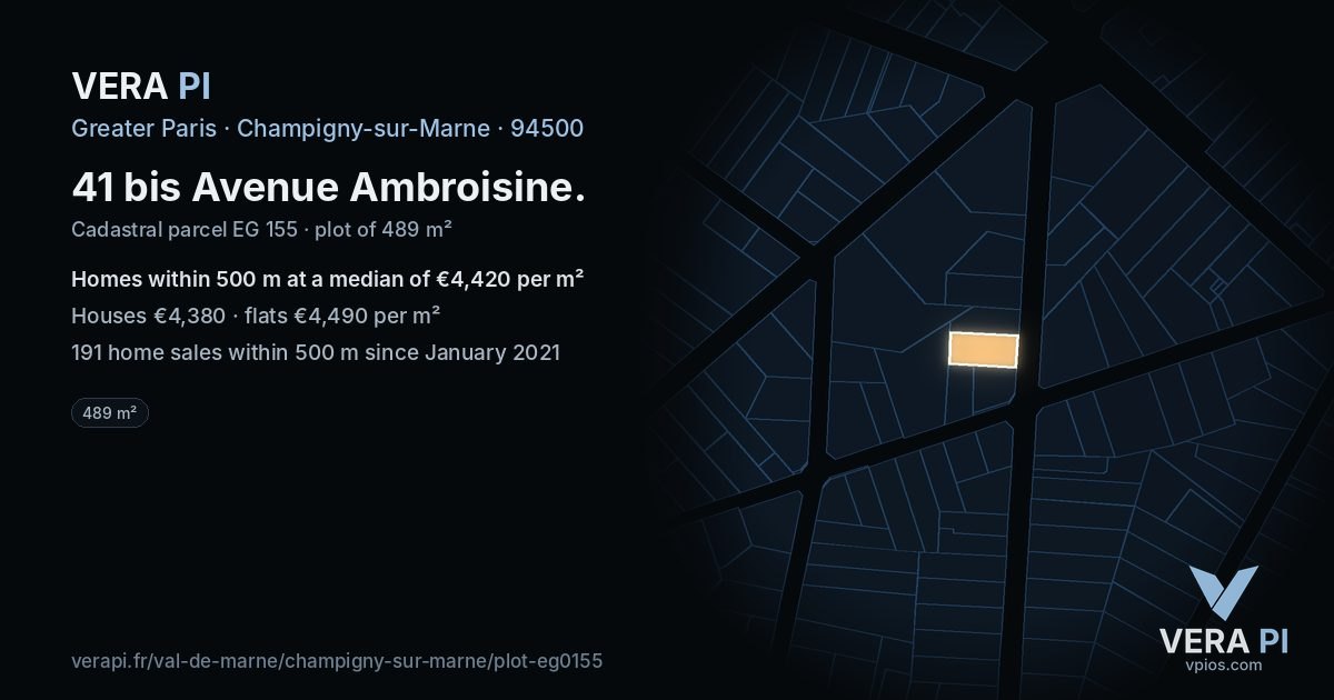 41 bis Avenue Ambroisine, Champigny-sur-Marne at night – the plot lit, the parcels around coloured by the prices near them