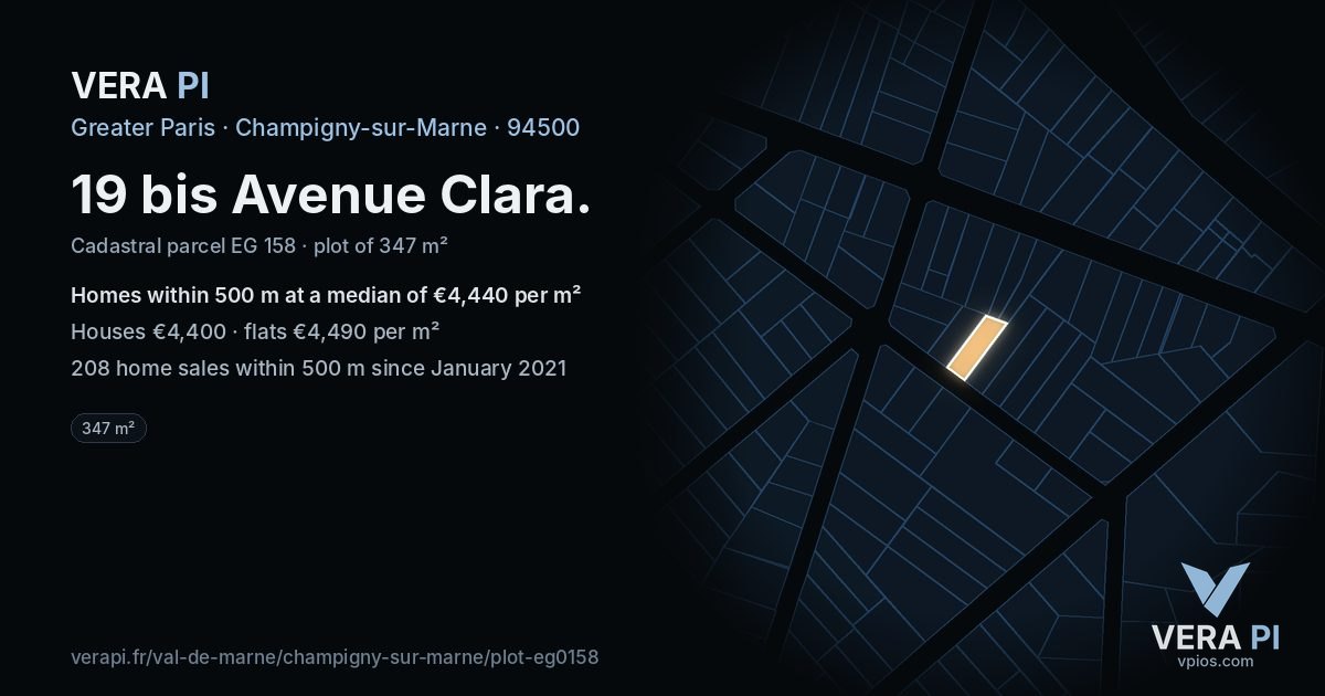 19 bis Avenue Clara, Champigny-sur-Marne at night – the plot lit, the parcels around coloured by the prices near them