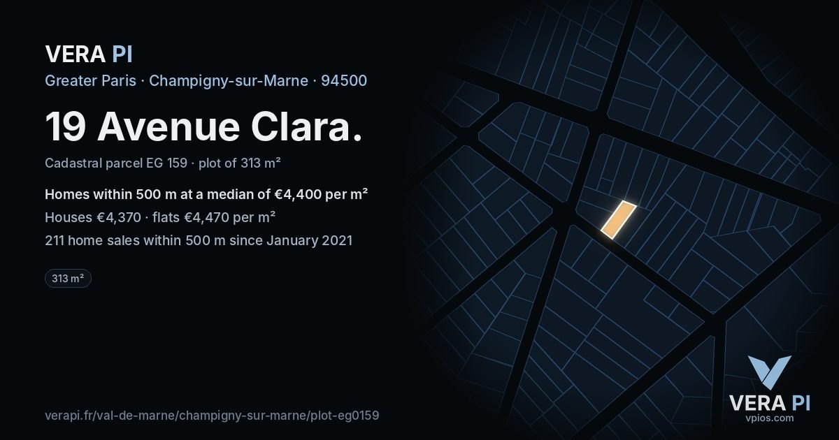 19 Avenue Clara, Champigny-sur-Marne at night – the plot lit, the parcels around coloured by the prices near them