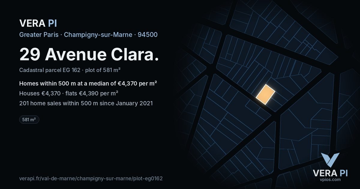 29 Avenue Clara, Champigny-sur-Marne at night – the plot lit, the parcels around coloured by the prices near them