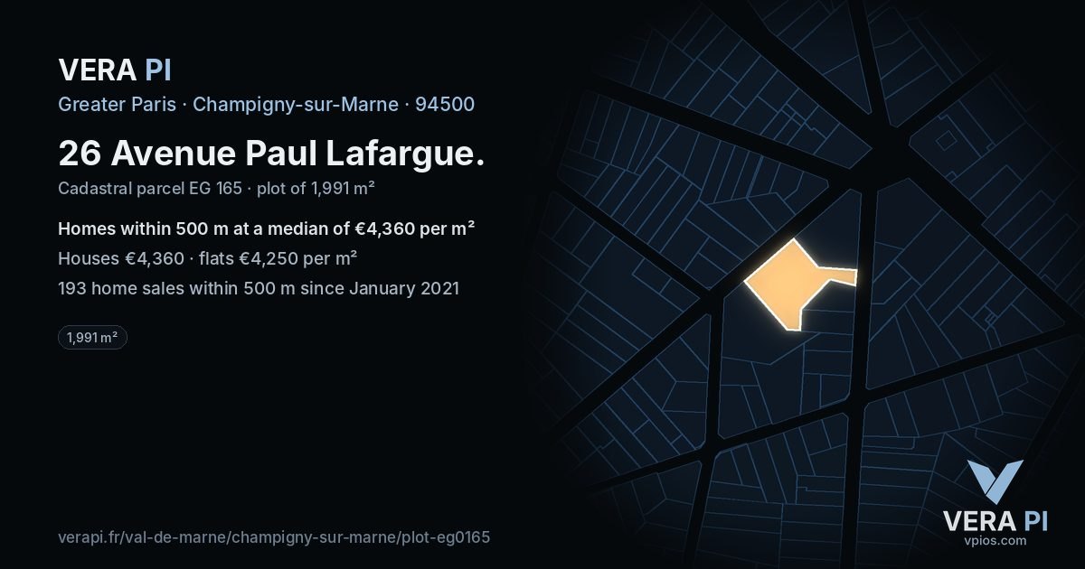 26 Avenue Paul Lafargue, Champigny-sur-Marne at night – the plot lit, the parcels around coloured by the prices near them