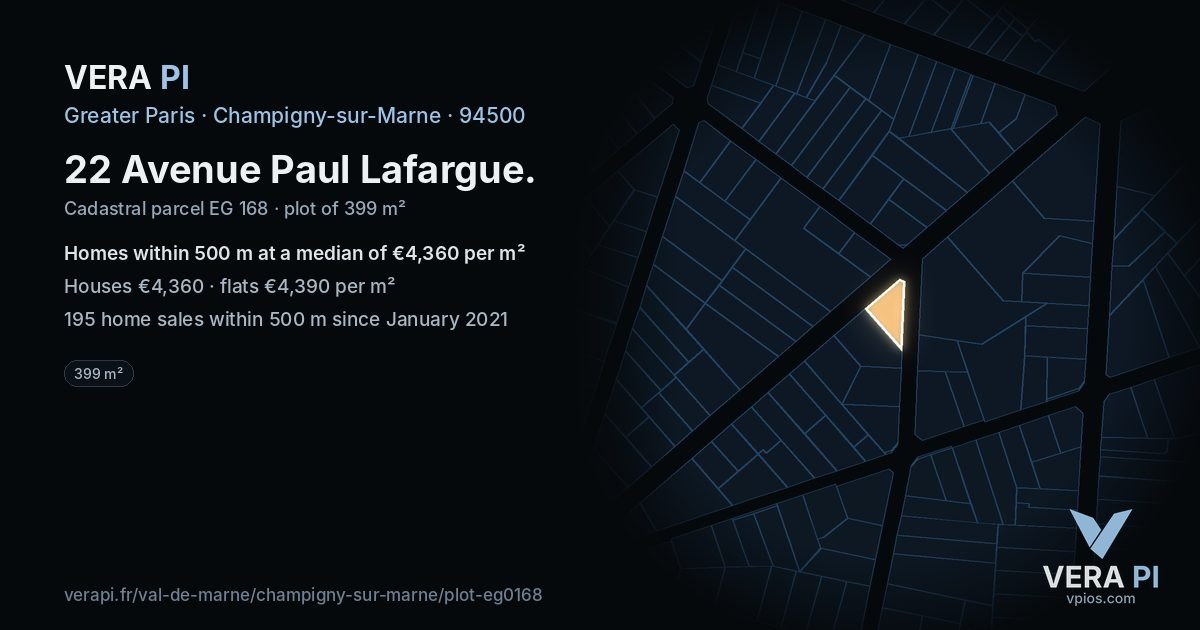 22 Avenue Paul Lafargue, Champigny-sur-Marne at night – the plot lit, the parcels around coloured by the prices near them