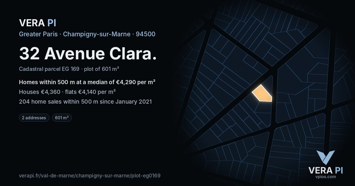 32 Avenue Clara, Champigny-sur-Marne at night – the plot lit, the parcels around coloured by the prices near them