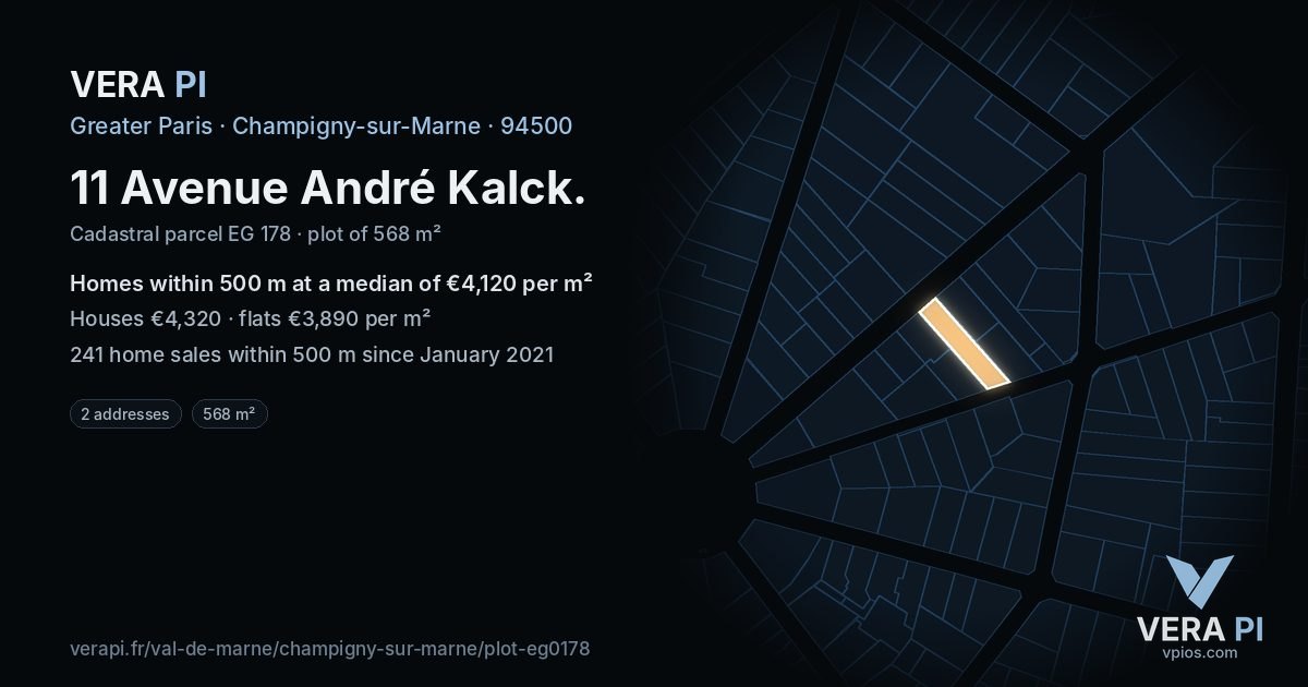 11 Avenue André Kalck, Champigny-sur-Marne at night – the plot lit, the parcels around coloured by the prices near them