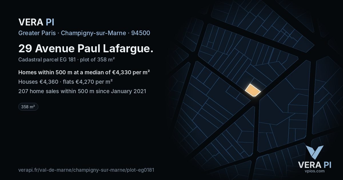 29 Avenue Paul Lafargue, Champigny-sur-Marne at night – the plot lit, the parcels around coloured by the prices near them