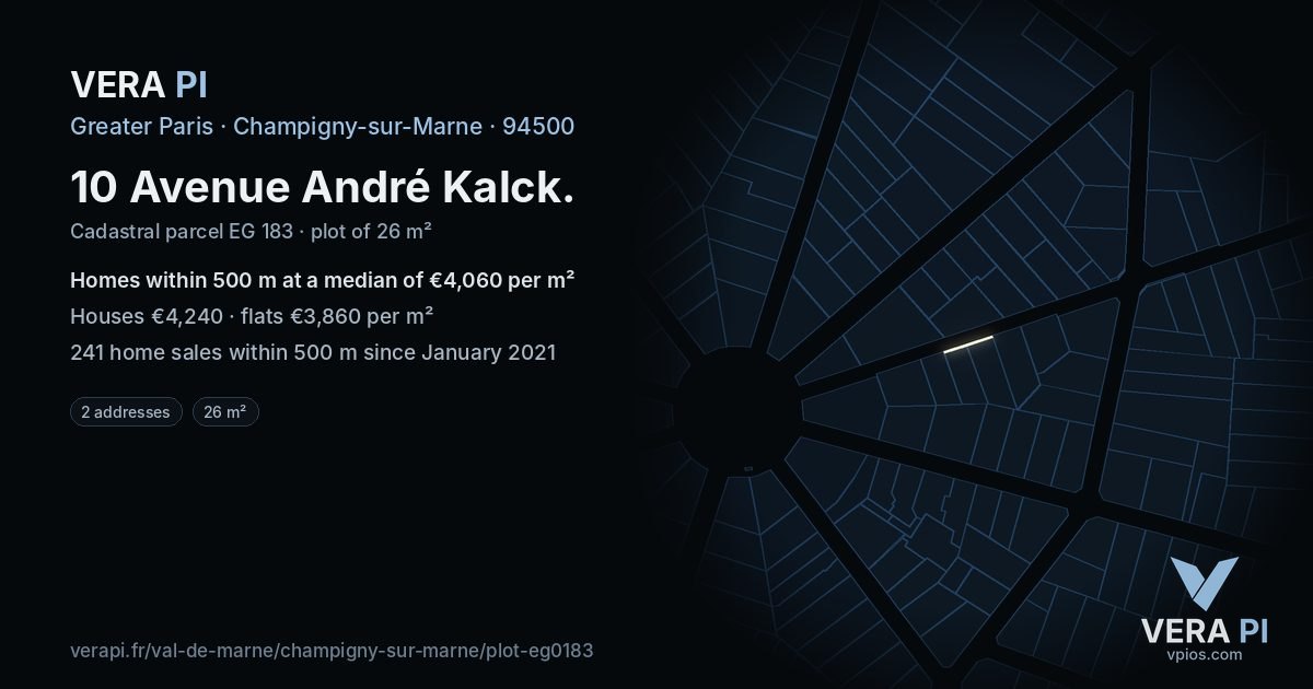 10 Avenue André Kalck, Champigny-sur-Marne at night – the plot lit, the parcels around coloured by the prices near them