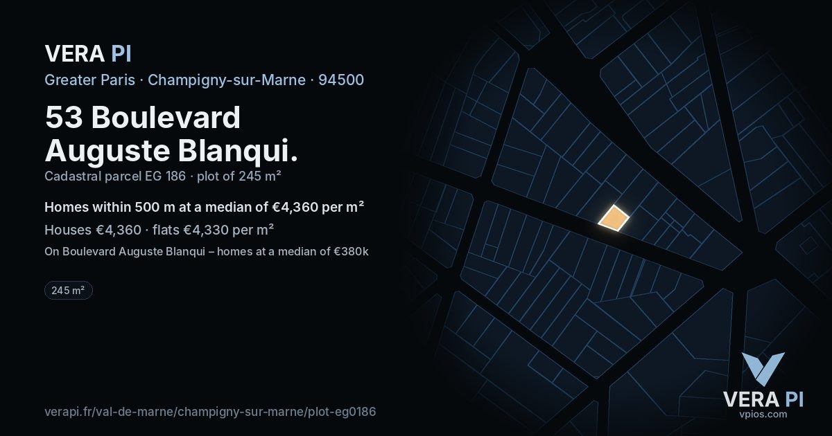 53 Boulevard Auguste Blanqui, Champigny-sur-Marne at night – the plot lit, the parcels around coloured by the prices near them