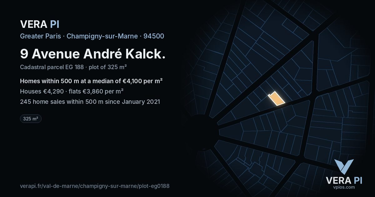 9 Avenue André Kalck, Champigny-sur-Marne at night – the plot lit, the parcels around coloured by the prices near them