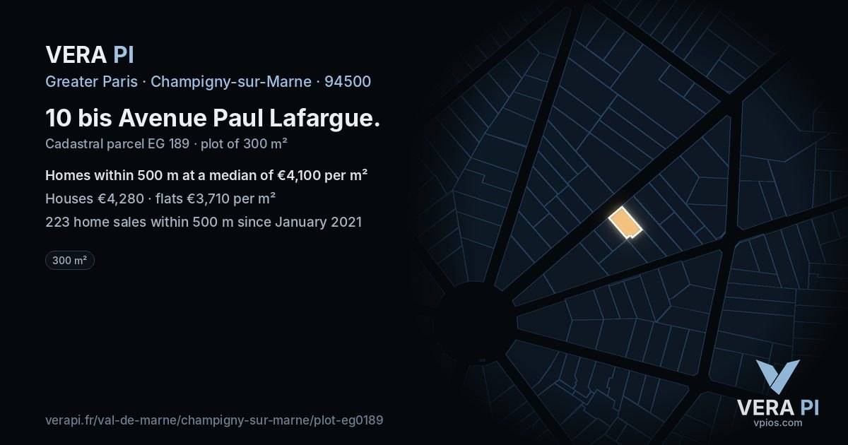 10 bis Avenue Paul Lafargue, Champigny-sur-Marne at night – the plot lit, the parcels around coloured by the prices near them
