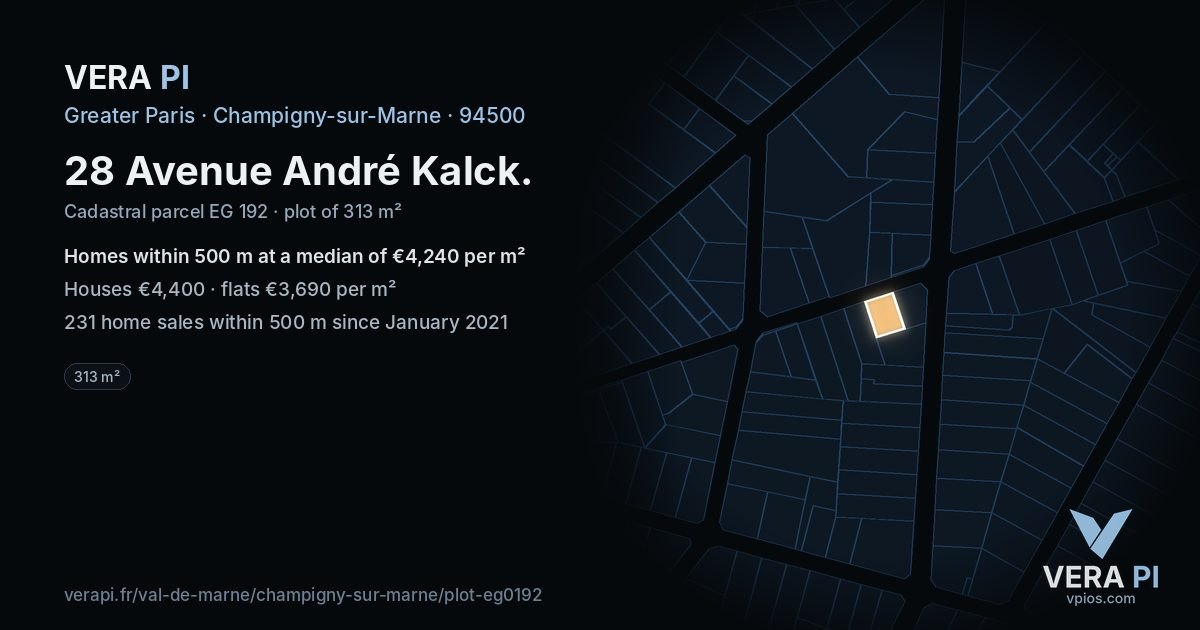 28 Avenue André Kalck, Champigny-sur-Marne at night – the plot lit, the parcels around coloured by the prices near them