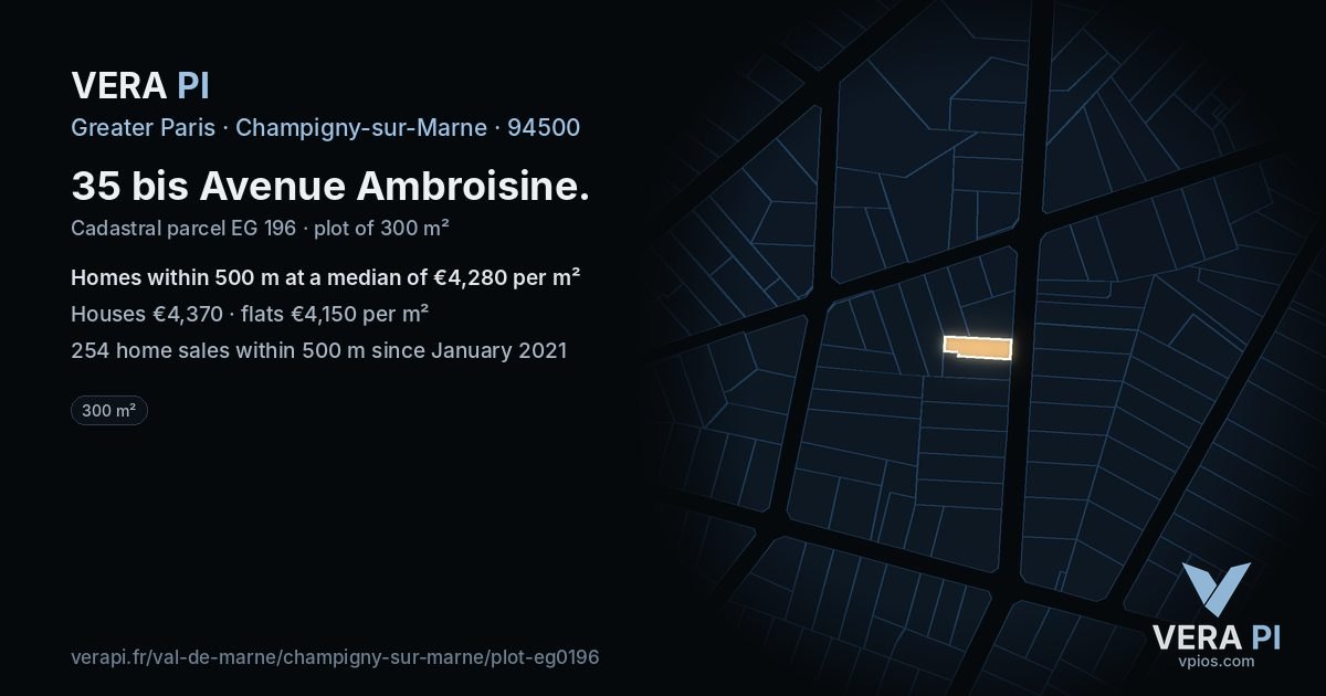 35 bis Avenue Ambroisine, Champigny-sur-Marne at night – the plot lit, the parcels around coloured by the prices near them