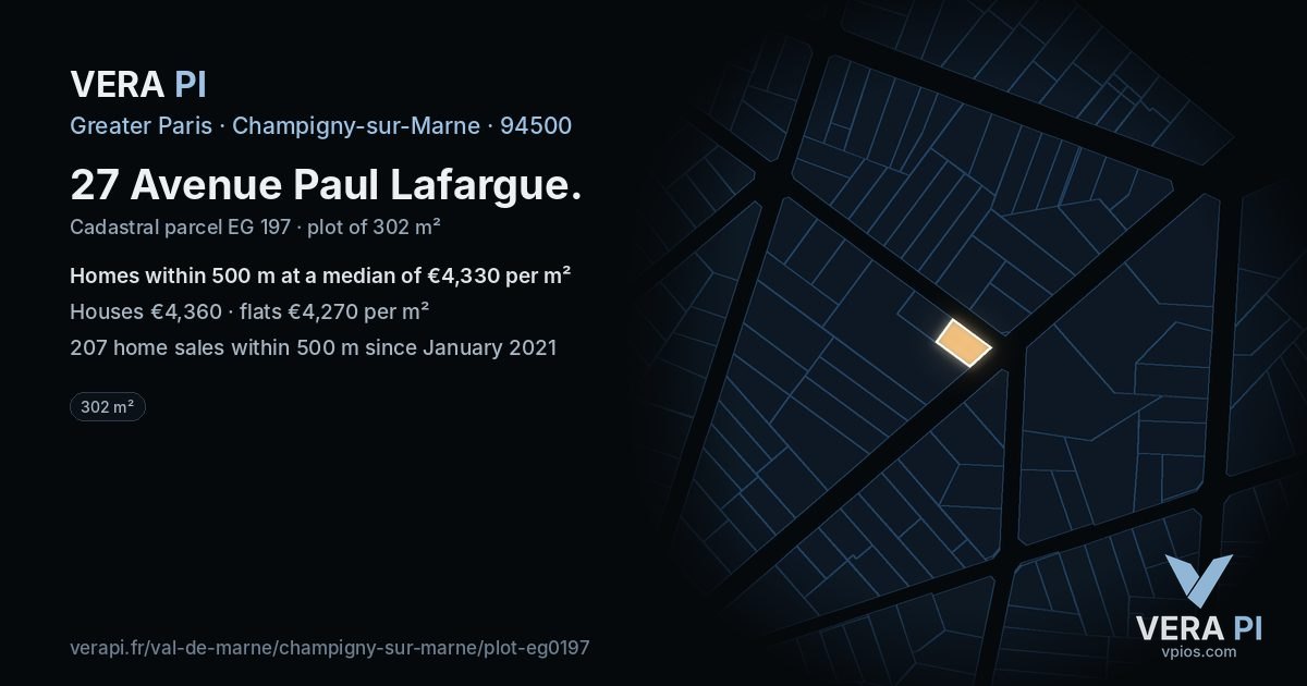 27 Avenue Paul Lafargue, Champigny-sur-Marne at night – the plot lit, the parcels around coloured by the prices near them