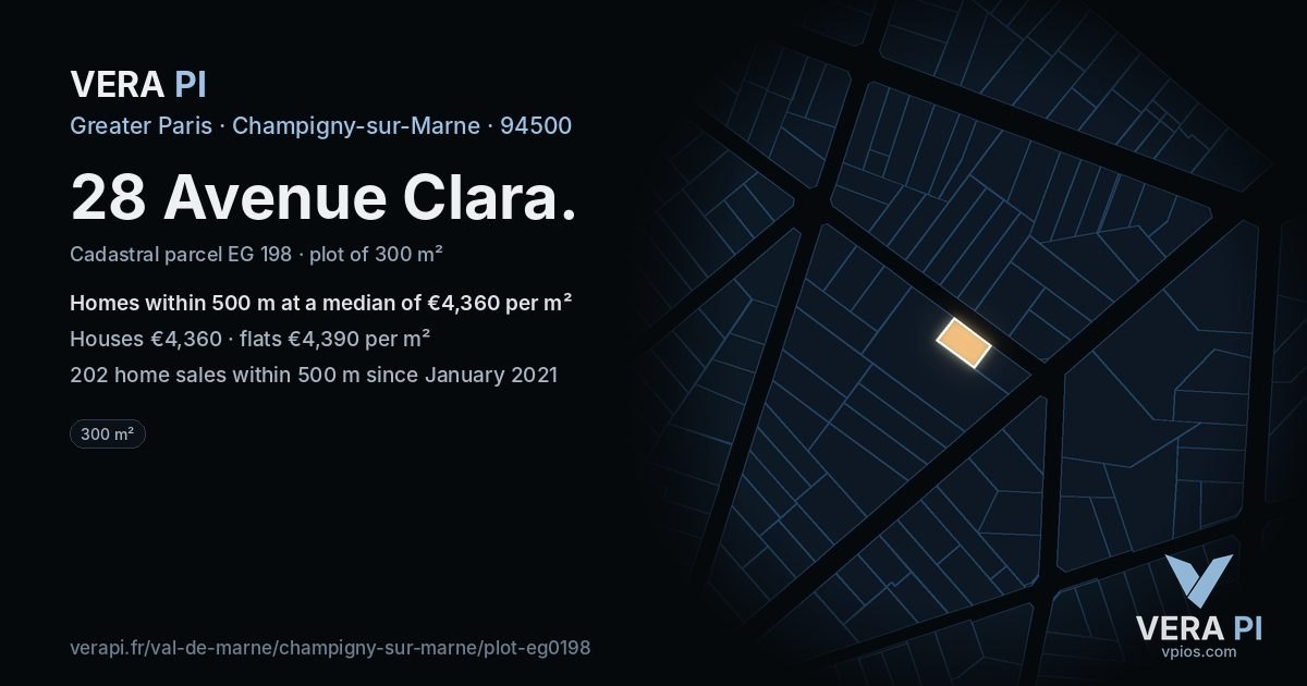 28 Avenue Clara, Champigny-sur-Marne at night – the plot lit, the parcels around coloured by the prices near them