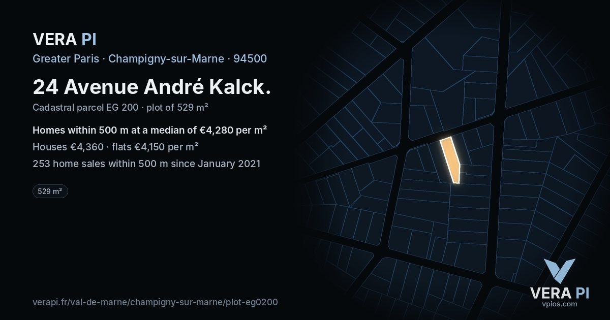 24 Avenue André Kalck, Champigny-sur-Marne at night – the plot lit, the parcels around coloured by the prices near them