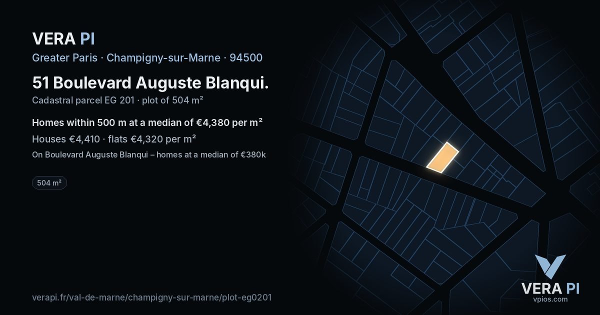 51 Boulevard Auguste Blanqui, Champigny-sur-Marne at night – the plot lit, the parcels around coloured by the prices near them