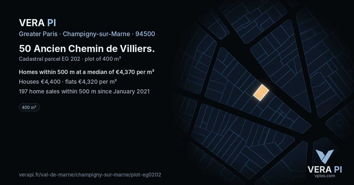50 Ancien Chemin de Villiers, Champigny-sur-Marne at night – the plot lit, the parcels around coloured by the prices near them