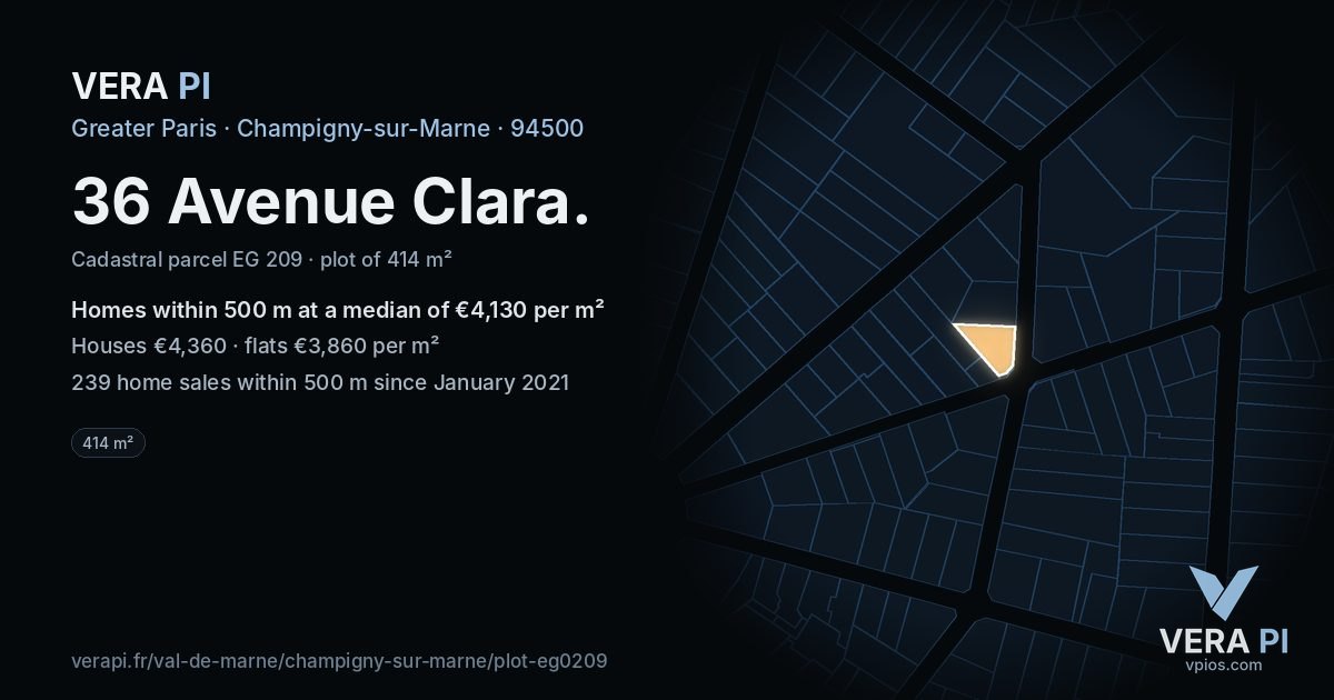 36 Avenue Clara, Champigny-sur-Marne at night – the plot lit, the parcels around coloured by the prices near them