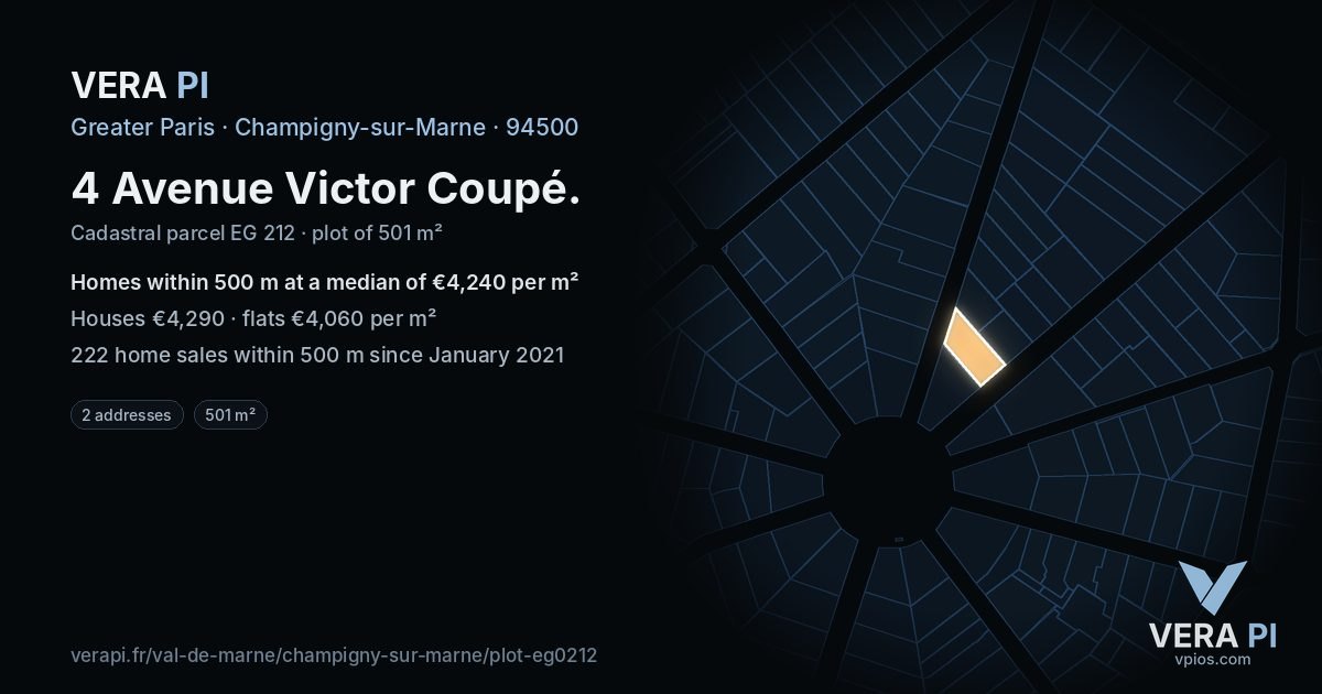 4 Avenue Victor Coupé, Champigny-sur-Marne at night – the plot lit, the parcels around coloured by the prices near them
