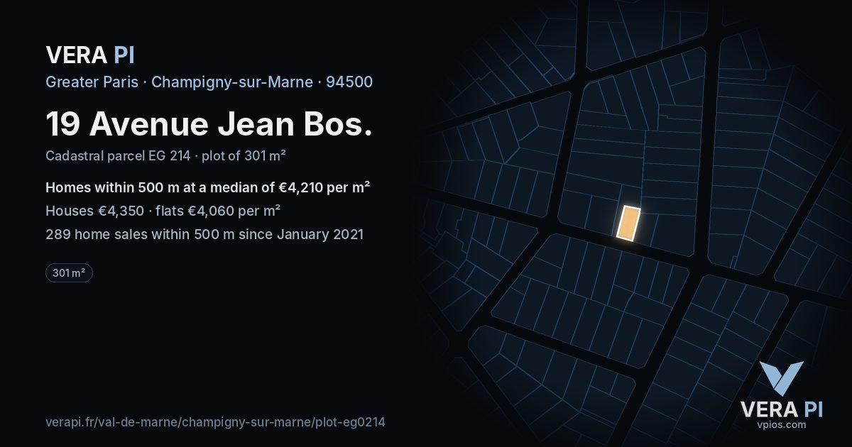 19 Avenue Jean Bos, Champigny-sur-Marne at night – the plot lit, the parcels around coloured by the prices near them