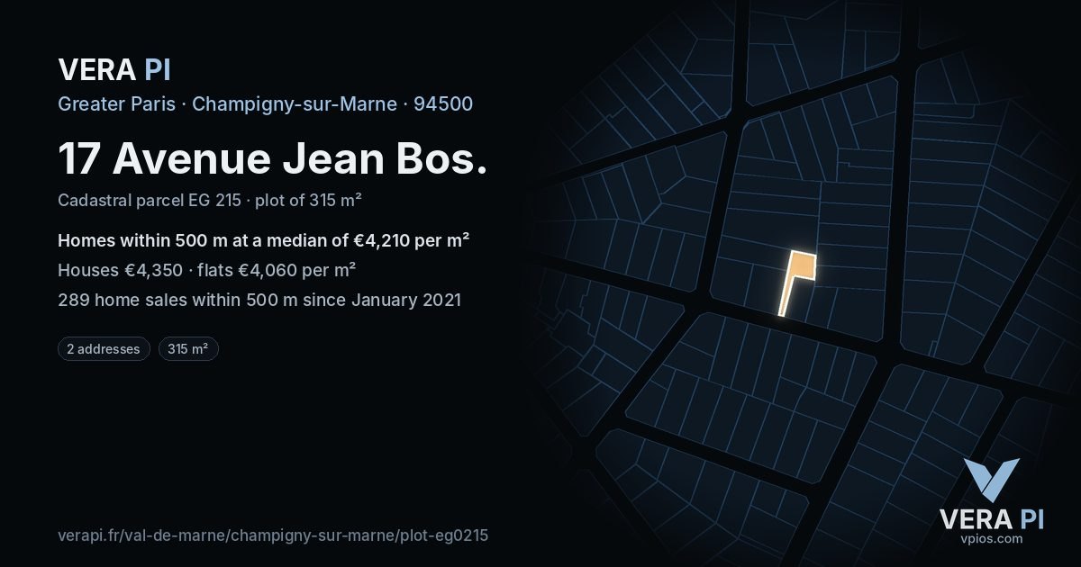 17 Avenue Jean Bos, Champigny-sur-Marne at night – the plot lit, the parcels around coloured by the prices near them