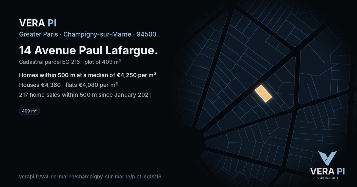 14 Avenue Paul Lafargue, Champigny-sur-Marne at night – the plot lit, the parcels around coloured by the prices near them