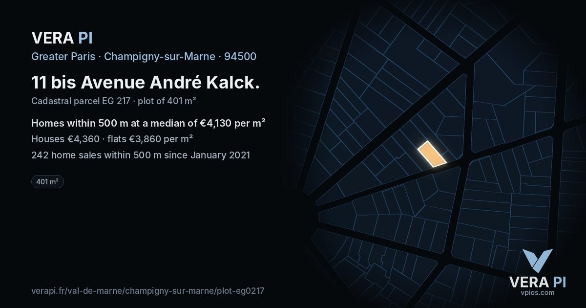11 bis Avenue André Kalck, Champigny-sur-Marne at night – the plot lit, the parcels around coloured by the prices near them